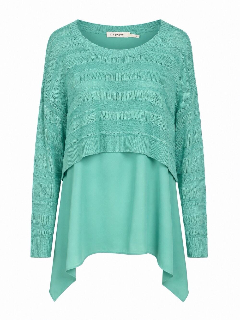 EUC Blue Pepper Turquoise Handkerchief Hem Chiffon Slip with Open Knit Sweater
